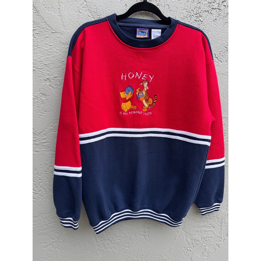 Vintage Disney Winnie the Pooh Red Navy Stripe Embroidered Sweatshirt LARGE 90s
